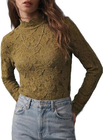 Women Elegant Fuzzy Floral Lace Long Sleeve Shirts Mock Neck Going Out Tops Dressy Casual Trendy in Saudi Arabia