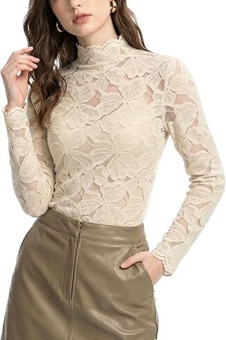 Women Elegant Fuzzy Floral Lace Long Sleeve Shirts Mock Neck Going Out Tops Dressy Casual Trendy in Saudi Arabia