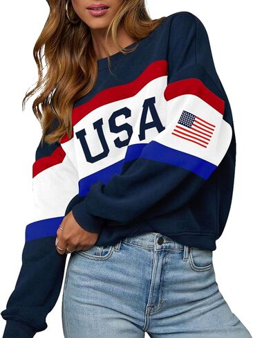 LEEDYA المرأة الولايات المتحدة الأمريكية البلوز Crewneck العلم الأمريكي متماسكة سترة طويلة الأكمام 4th من يوليو تي شيرت فضفاض صالح البلوز in Kuwait