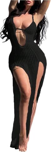 GORGLITTER Women's Textured Double Slit Beach Cover Ups Dress Cutout Deep V Halter Crochet Swimwear Coverups in Kuwait