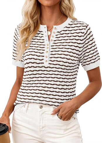 PRETTYGARDEN Womens Knit Summer Tops Button Short Sleeve Sweater Casual Crewneck Chevron Henley Shirts Dressy Work Blouses in Saudi Arabia