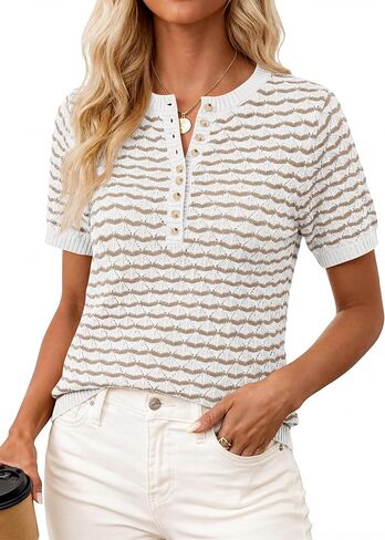 PRETTYGARDEN Womens Knit Summer Tops Button Short Sleeve Sweater Casual Crewneck Chevron Henley Shirts Dressy Work Blouses in Saudi Arabia