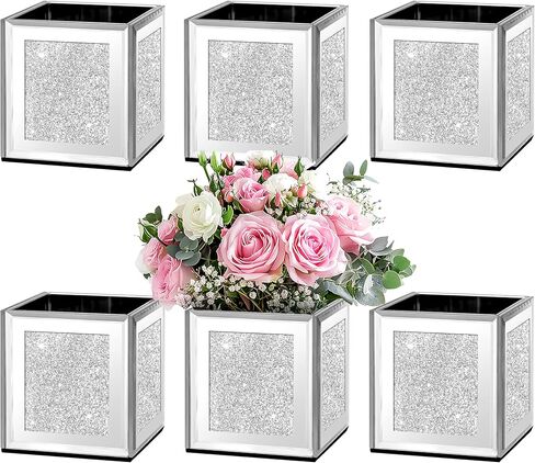 مجموعة blingworld مكونة من 6 مزهريات زجاجية مربعة عاكسة مقاس 10.16 سم × 10.16 سم × 10.16 سم، مزهريات زهور فضية للقطع المركزية، حامل شموع على شكل مكعب زجاجي مربع لحفلات الزفاف، والحفلات، وتزيين المكاتب المنزلية in Saudi Arabia