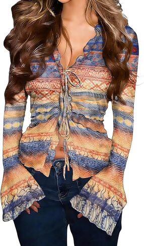 قميص نسائي صيفي من Clarisbelle بأكمام جرس وشبكة شفافة وربطة عنق أمامية على شكل حرف V Y2K in Kuwait