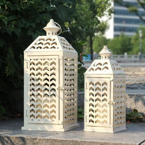 DECORKEY LED فانوس ديكور خارجي وداخلي، مجموعة من 2 (17 بوصة و13 بوصة) ديكور فوانيس معدنية سوداء، حامل شموع معلق عتيق للمنزل والشرفة وحفلات الزفاف والهالوين وزينة عيد الميلاد تعمل بالبطارية in Kuwait