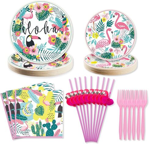 Hawaiian Luau Party Decorations Plates and Napkins Set - Flamingo Party Plates Napkins with Straws Forks Disposable Dinnerware Set for Hawaiian Luau Aloha Tropical Birthday Party Supplies , Serve 25 in Saudi Arabia