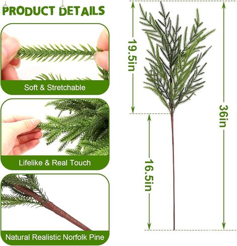 Wsorik 4 Pcs 36" Realistic Norfolk Pine Branches - Artificial Real Touch Christmas Pine Stems Picks Greenery Fake Cedar Pine Branch for Vase DIY Crafts Wreaths Garland Xmas Indoor Outdoor Home Decor in Saudi Arabia