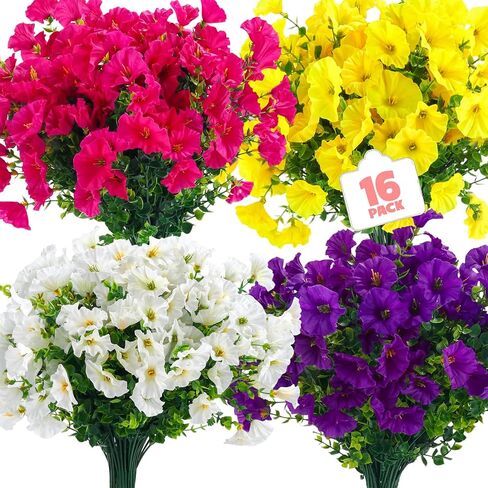 24 حزمة من الزهور الاصطناعية للديكور في الهواء الطلق، زهور مجد الصباح الصناعية المقاومة للأشعة فوق البنفسجية مع أوراق الأوكالبتوس، للشرفة الخارجية والداخلية وديكور الفناء المنزلي (24، ألوان متعددة) in Kuwait