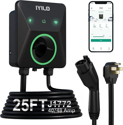 شاحن EV المستوى 2 40 أمبير NEMA 14-50P، معتمد من Energy Star وETL. محطة شحن السيارات الكهربائية 240 فولت. مستشعرات درجة الحرارة المزدوجة في التوصيل والموصل لسلامة المركبات الكهربائية. واي فاي، رفيد، J1772، كابل 25FT in Kuwait