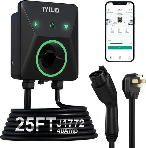 شاحن EV المستوى 2 40 أمبير NEMA 14-50P، معتمد من Energy Star وETL. محطة شحن السيارات الكهربائية 240 فولت. مستشعرات درجة الحرارة المزدوجة في التوصيل والموصل لسلامة المركبات الكهربائية. واي فاي، رفيد، J1772، كابل 25FT in Saudi Arabia