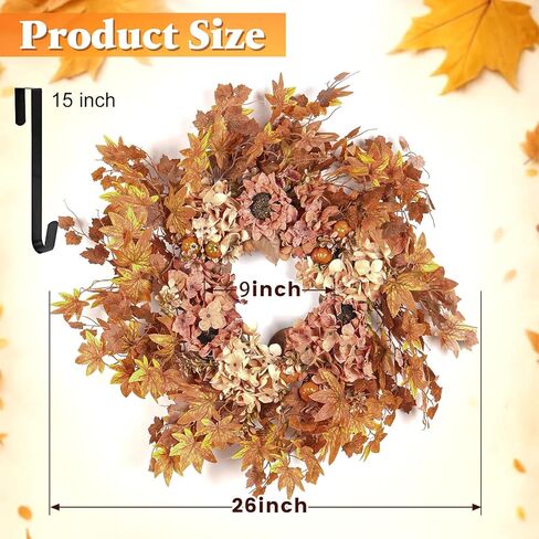 TOPIA 26 بوصة إكليل الكوبية المجففة الاصطناعية، إكليل الخريف الخريف، ديكور باب الأزهار الحريرية اليدوية (لون الخريف الكوبية / أوراق القيقب) in Kuwait