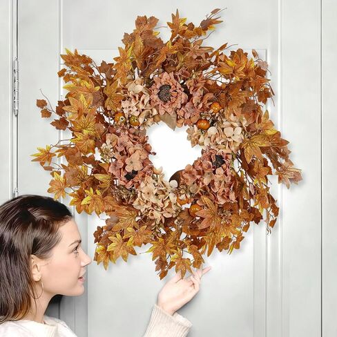 TOPIA 26 بوصة إكليل الكوبية المجففة الاصطناعية، إكليل الخريف الخريف، ديكور باب الأزهار الحريرية اليدوية (لون الخريف الكوبية / أوراق القيقب) in Kuwait