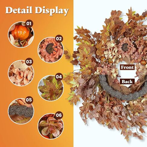 TOPIA 26 بوصة إكليل الكوبية المجففة الاصطناعية، إكليل الخريف الخريف، ديكور باب الأزهار الحريرية اليدوية (لون الخريف الكوبية / أوراق القيقب) in Kuwait