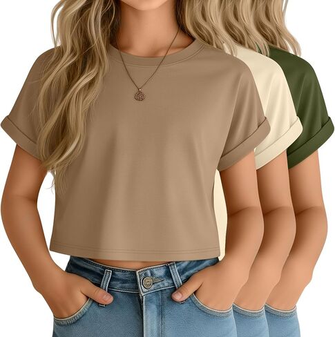 3 Pack Girls Crop Tops Athletic Rolled Cuff Crewneck Shirts Kids Short Sleeve Tee Trendy Casual Cute Teen Clothes in Saudi Arabia