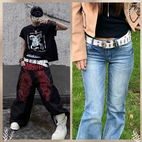 حزام Y2K Punk Gothic بإبزيم معدني - حزام خصر عصري مرصع من جلد البولي يوريثان للرجال والنساء (أسود/أبيض) in Saudi Arabia
