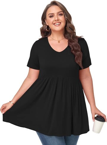 MONNURO Womens Plus Size Tops Cute Babydoll T Shirts Peplum Tunic Tops Loose Fit V-Neck Short Sleeve Blouse in Saudi Arabia