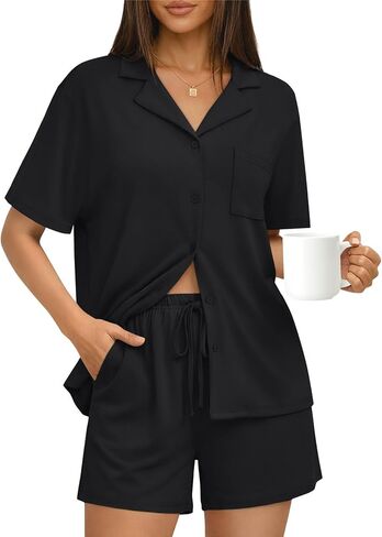 Trendy Queen Pajamas Set for Women 2 Piece Short Sleeve Sleepwear Button Down Pjs Matching Lounge Sets with Pockets in Saudi Arabia