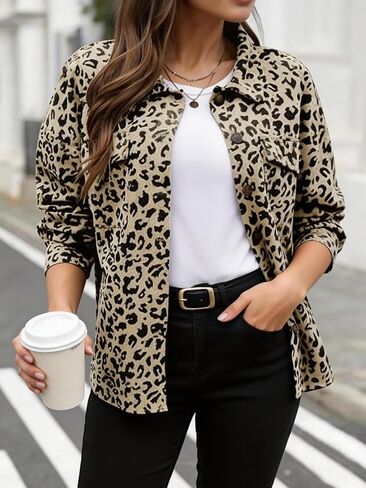 Leopard print loose commuter long sleeve shirt jacket for women in Saudi Arabia