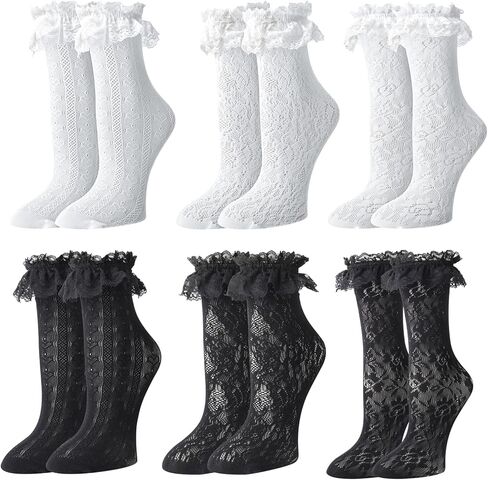 scenicamp 6 Pairs Lace Ruffle Ankle Socks for Women Lolita Frilly Ankle Elastic Cuff Mesh Lace Trim Dress Sock in Saudi Arabia