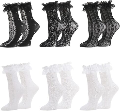scenicamp 6 Pairs Lace Ruffle Ankle Socks for Women Lolita Frilly Ankle Elastic Cuff Mesh Lace Trim Dress Sock in Saudi Arabia