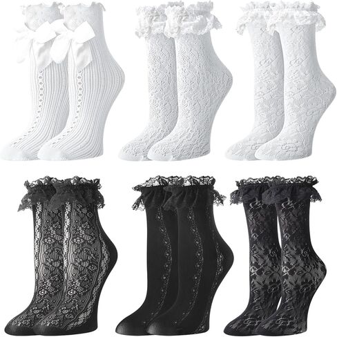 scenicamp 6 Pairs Lace Ruffle Ankle Socks for Women Lolita Frilly Ankle Elastic Cuff Mesh Lace Trim Dress Sock in Saudi Arabia