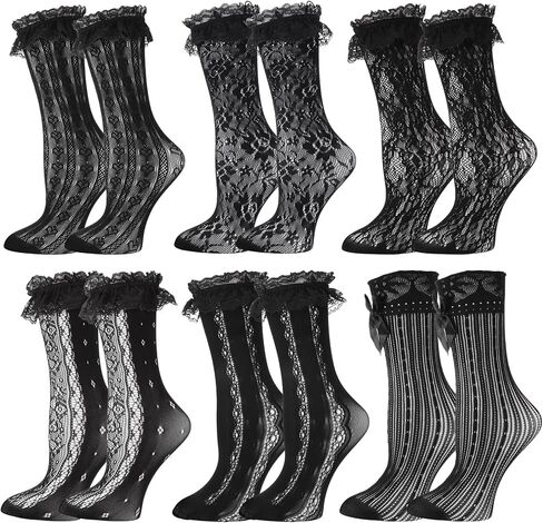 scenicamp 6 Pairs Lace Ruffle Ankle Socks for Women Lolita Frilly Ankle Elastic Cuff Mesh Lace Trim Dress Sock in Saudi Arabia