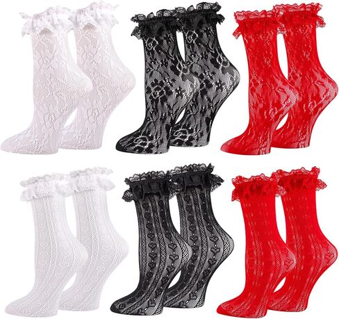 scenicamp 6 Pairs Lace Ruffle Ankle Socks for Women Lolita Frilly Ankle Elastic Cuff Mesh Lace Trim Dress Sock in Saudi Arabia