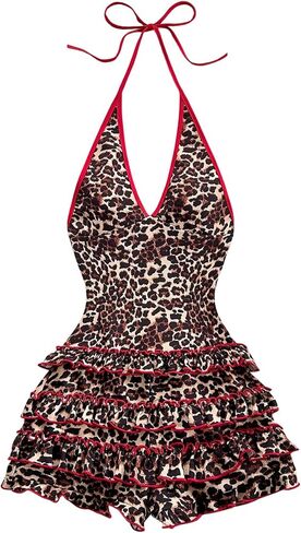 Milumia Women's Leopard Print Sleeveless Halter Romper Y2K Contrast Binding Shorts Jumpsuit in Saudi Arabia