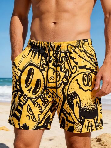 Men's Swim Trunks, Yellow and Black Graffiti Print, Elastic Waist, Casual Streetwear Style in Saudi Arabia