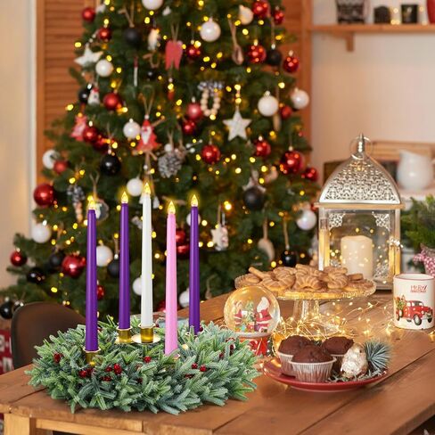 XunYee Advent Candle Holder Wreath Set of 5 with 5 Flameless Candles Christmas Advent Berry Champagne Flower Wreath Rings for Table Centerpiece Fireplace Festival Home Church Decor(Vivid) in Saudi Arabia