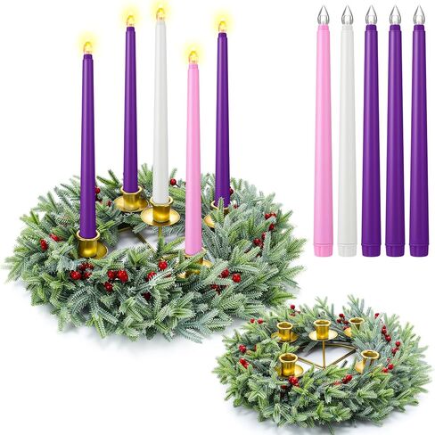 XunYee Advent Candle Holder Wreath Set of 5 with 5 Flameless Candles Christmas Advent Berry Champagne Flower Wreath Rings for Table Centerpiece Fireplace Festival Home Church Decor(Vivid) in Saudi Arabia