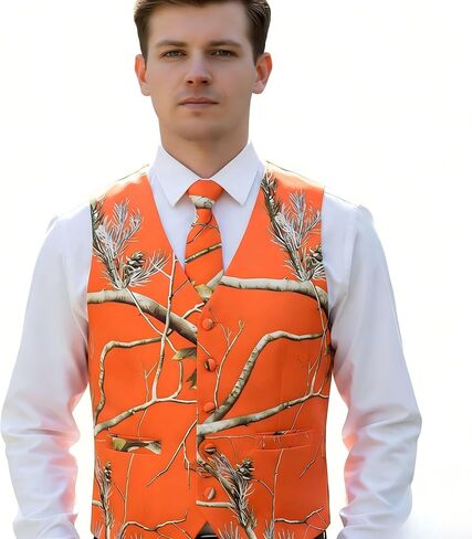 HBDesign Men's Orange Camo Vest with Tie Set 5 Button Formal Hunting Outdoor Vest Branch Pattern in Saudi Arabia