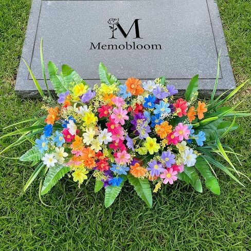 زهور المقبرة الاصطناعية من Memobloom مع حصة: قطعة واحدة من الورود الأرجوانية والفاوانيا الوردية وزهور قبر يوم الذكرى الواقعية للمقبرة - ديكورات القبر الخارجية وترتيبات الجنازة in Kuwait