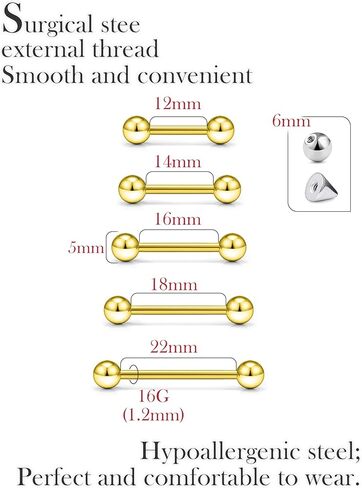 16G حلقات اللسان الجراحية الطويلة والقصيرة للغاية، مجوهرات ثقب الجرس المستقيمة للجسر للنساء والرجال 12 مم 14 مم 16 مم 18 مم 22 مم حلقة لسان ثعبان عيون فضية اللون in Kuwait