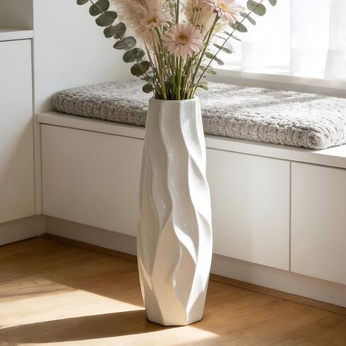 Floor Vase, GDSZJLJ 24 Inches Tall Ceramic White Large Decorative Vases for Modern Home Decor, Living Room, Minimalist Style Flower Vase for Pampas Grass, Flowers, Twigs, Office, Bedroom Décor in Saudi Arabia
