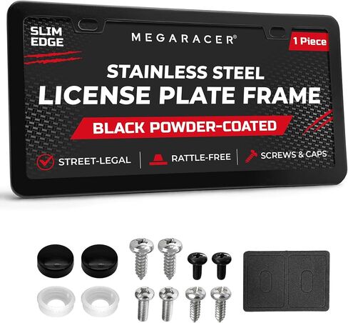 Powder-Coated Matte Black Thin License Plate Frame – 1 Piece, Car Wash Proof Stainless Steel, Rust-Free, Rattle-Free, Street Legal, Slim 2 Hole with Screw Caps, Gloss Metal Front or Rear Tag Holders in Saudi Arabia