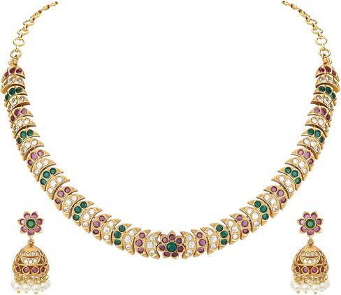 Aheli South Indian Designer Faux Stone Crafted Choker Necklace with Jhumki Earrings Ethnic Wedding Wear Fashion Jewelry Set Gift for Women in Saudi Arabia