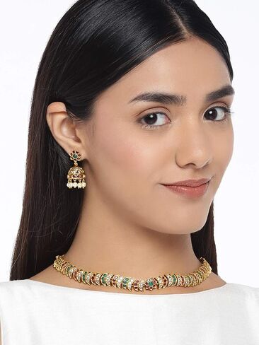 Aheli South Indian Designer Faux Stone Crafted Choker Necklace with Jhumki Earrings Ethnic Wedding Wear Fashion Jewelry Set Gift for Women in Saudi Arabia