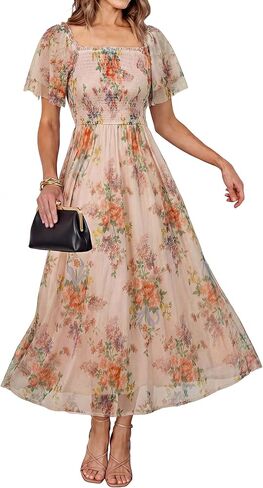 Simplee فساتين ماكسي نسائية منقوشة بالزهور 2026 ربيعية برقبة مربعة شبكية وأكمام قصيرة Smocked Boho Flowy فستان ضيوف الزفاف in Kuwait
