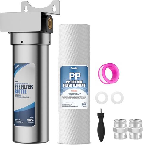 Whole House Water Filter Housing, Fit 10"x2.5" Sediment etc Filters for Well and City Water, Pre-Filtration System for Home, 3/4" Brass Port, Heavy Duty Steel Bracket, 4 Screws, Wrench, 1 Pp Cotton in Kuwait