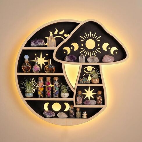 Crescent Moon Shelf with LED Light, Wooden Mushroom Shelf for Crystals Rocks Gems Healing Stones, Trinket Knick Knack Bohomian Witchy Wiccan Shelves Wall Mounted in Saudi Arabia