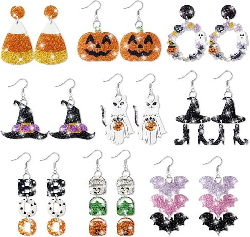 Y1tvei Day of The Dead Earrings - 9Pairs Cute Halloween Sugar Skull Glitter Sparkly Earrings Acrylic Dangle Jewelry Accessory Wacky Skull Decor Gifts Supplies for Women Girls Halloween Festival Charms in Saudi Arabia