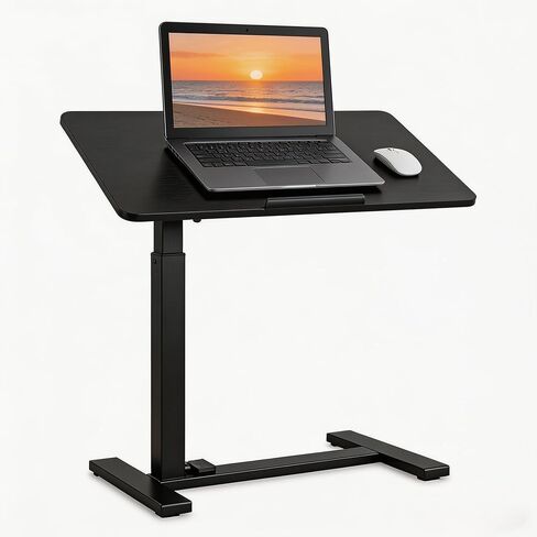 Overbed Bedside Table with Hidden Casters, Adjustable Pneumatic Mobile Laptop Computer Standing Desk, Rolling Laptop Table, Movable Overbed Table Hospital Home Use, Black in Saudi Arabia