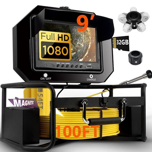 كاميرا مجاري 7 بوصات، HD 1080P مع DVR-32 جيجابايت، [نظام ملتوي جديد للفتح 1 ثانية] كاميرا فحص أنابيب السباكة، [بكرة كابل أكثر سمكًا] كاميرا تصريف، 5000 مللي أمبير، [دوران 360 درجة + 180 درجة] 100 قدم/30 م in Kuwait
