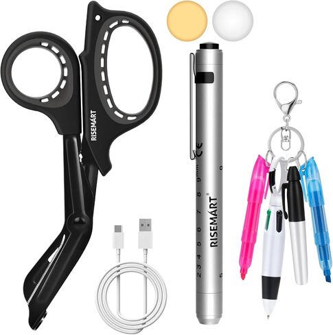 RISEMART Rechargeable Pen Light for Nurses with Trauma Shear, Nurse Scissors and Pen Light Set, 7.5" Medical Scissor and 2 LED Sources Penlight, Nursing Student Essentials (Blue+Blue) in Saudi Arabia