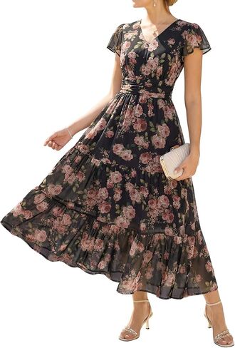 GRACE KARIN 2026 Women Summer Dress,Maxi Short Sleeve Floral Dresses,Semi Formal Flowy Wedding Guest Dress with Pocket in Saudi Arabia