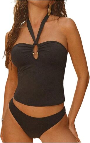 Verdusa Women's Modest Tankini Swimsuits Halter Cut Out Tie Back Tops with Panty Beach Bikini Set in Saudi Arabia