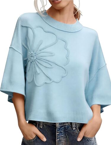 Women's Short Sleeve Sweaters Crew Neck 3D Flower Loose Fit 2026 Spring Summer Lightweight Casual Knit Tops in Saudi Arabia