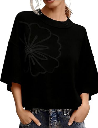 Women's Short Sleeve Sweaters Crew Neck 3D Flower Loose Fit 2026 Spring Summer Lightweight Casual Knit Tops in Saudi Arabia