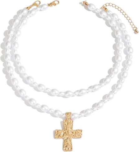 الباروك اللؤلؤ مطرز الصليب قلادة الذهب Y2K مكتنزة الصليب قلادة قلادة الطبقات اللؤلؤ مطرز قلادة للنساء المجوهرات لعيد الميلاد عيد ميلاد المعمودية in Kuwait